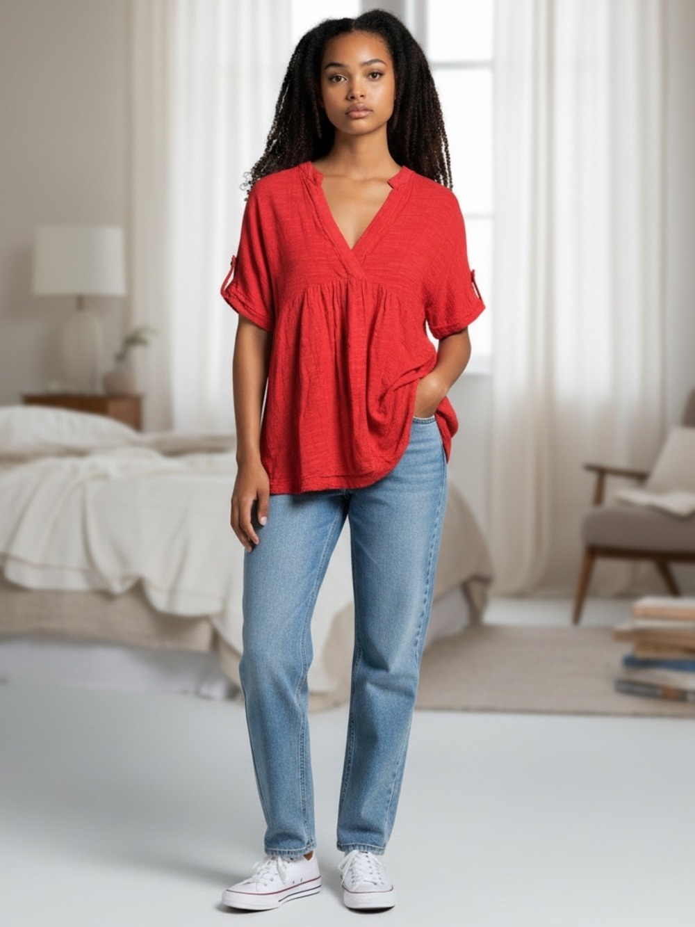 P Cill Relaxed V-Neck Red Short-Sleeve Tunic Blouse L